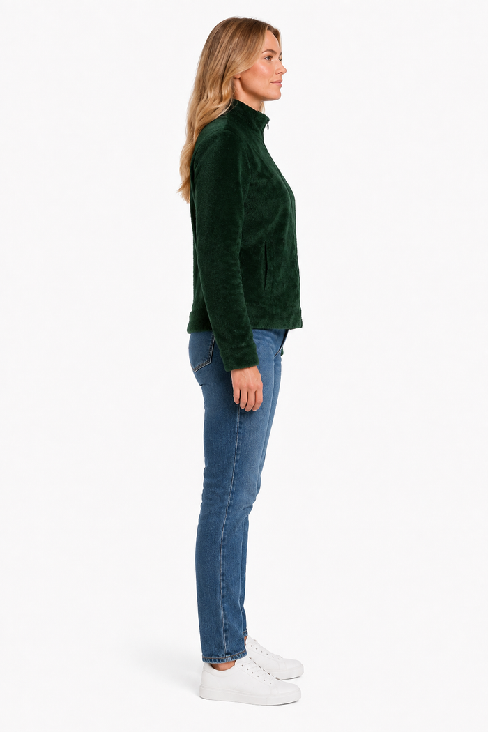 Women Hunter Green Double Sided Coral Fur Full Zip | Soft Winter Sweatshirt