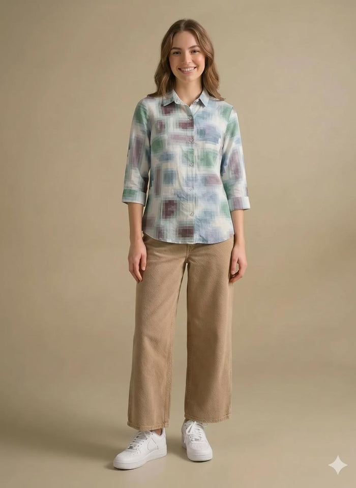 Women Light Teal Printed Casual Shirt