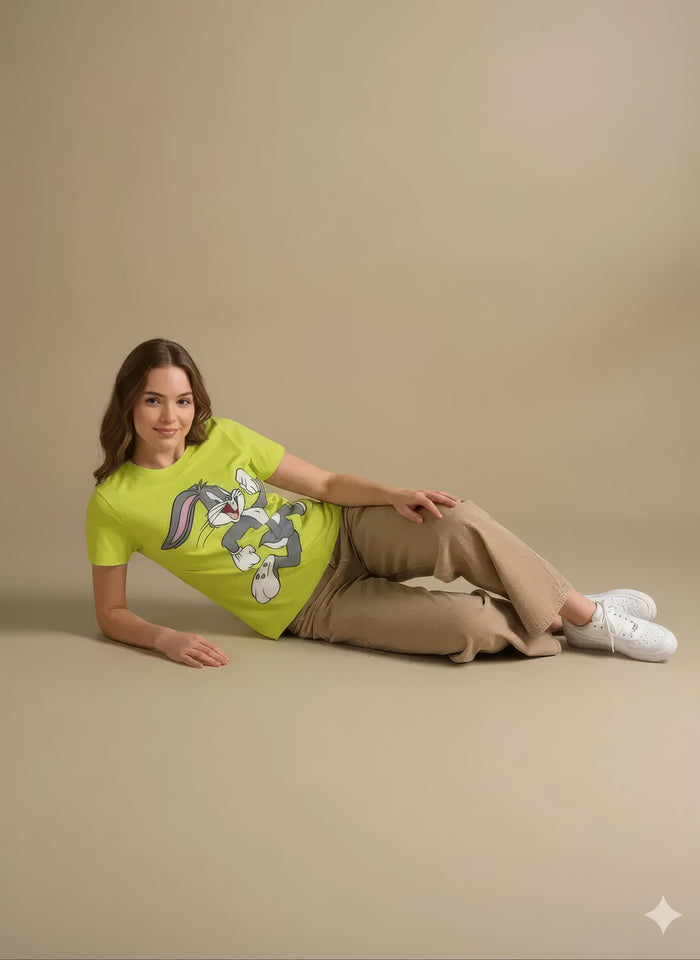 Women Lime Green Printed Round Neck T-Shirt