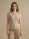 Women Natural-Melange Striped Polo Collar T-shirt