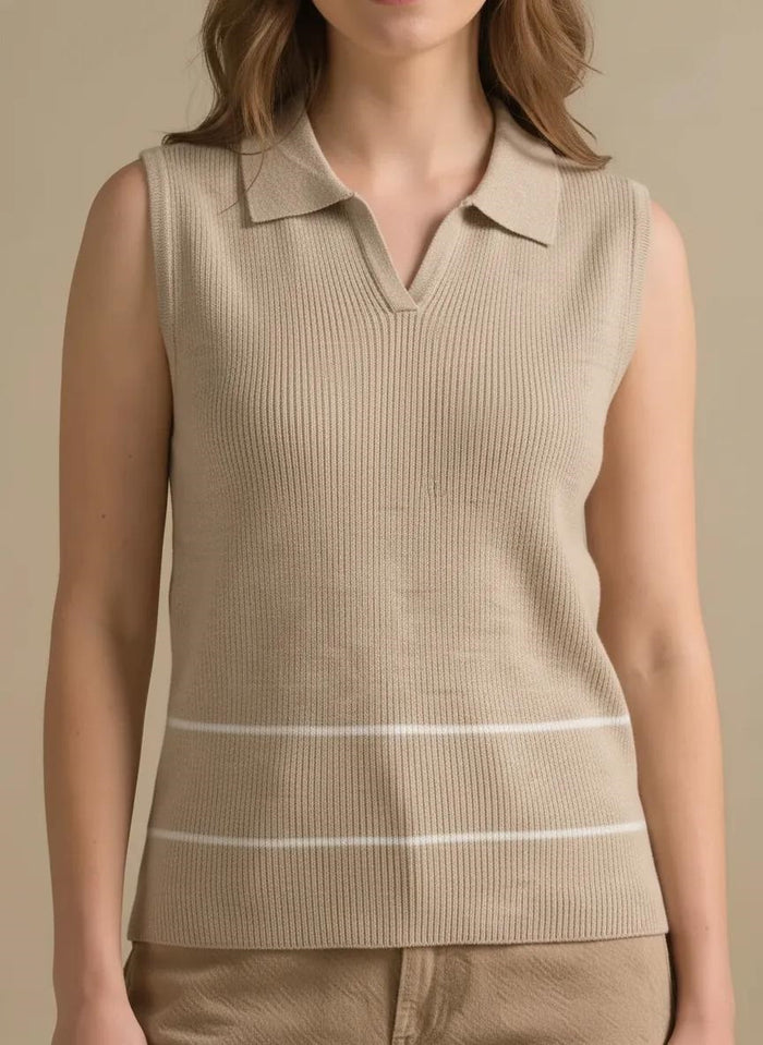 Women Natural-Melange Striped Polo Collar T-shirt