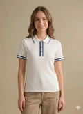 Women Off White Polo Collar Cotton T-shirt