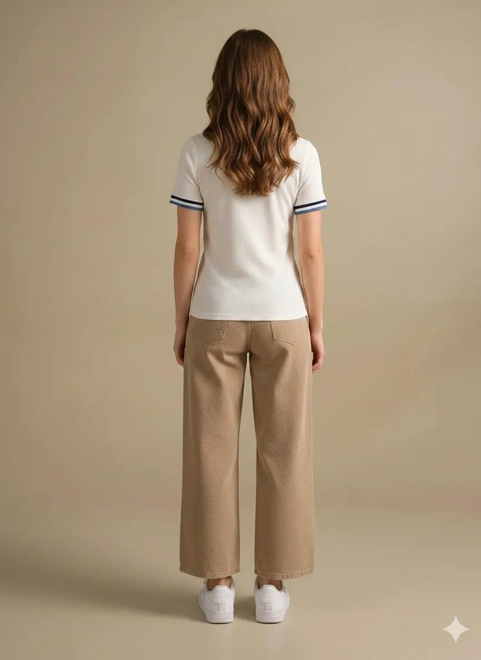 Women Off White Polo Collar Cotton T-shirt