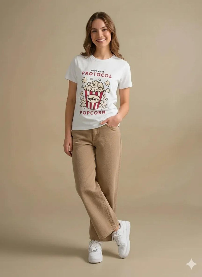 Women Off White Printed Round Neck T-Shirt