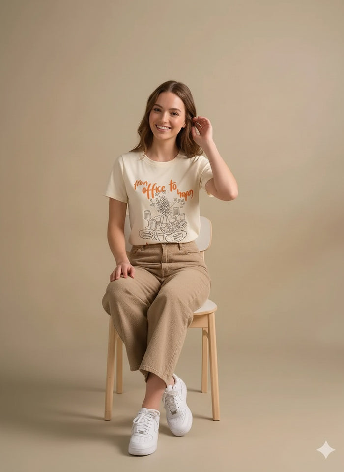 Women Off White Printed Round Neck T-Shirt
