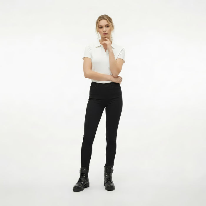 Women Off White Solid Polo Neck T-Shirt