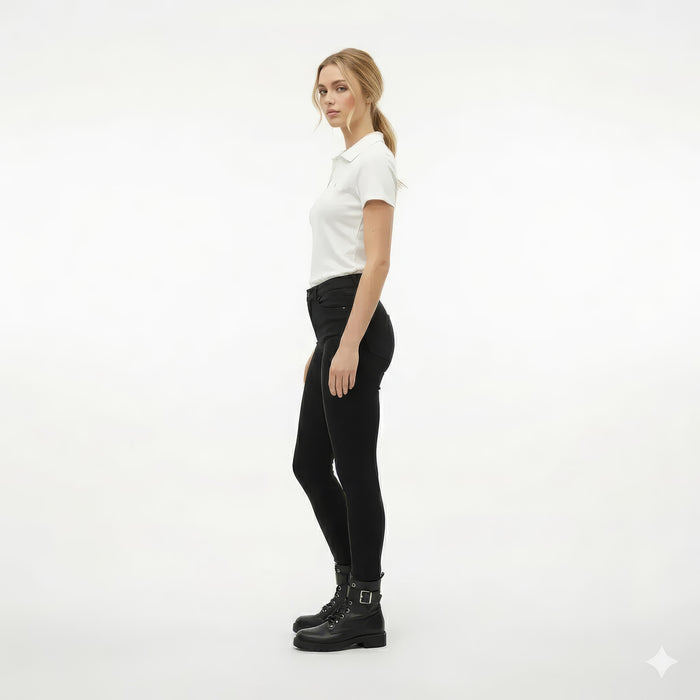 Women Off White Solid Polo Neck T-Shirt