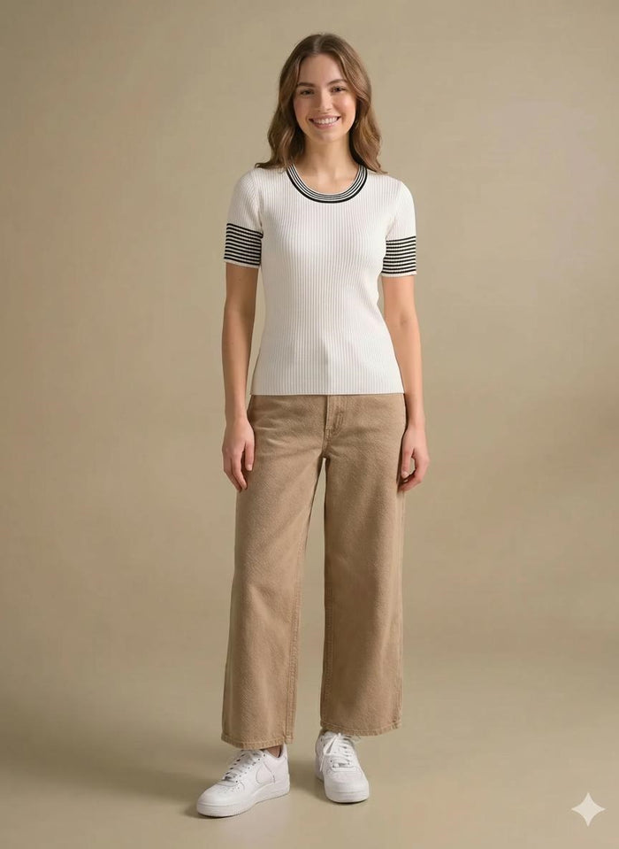 Women Off White Striped T-shirt