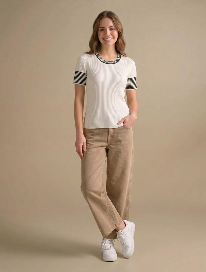 Women Off White Striped T-shirt