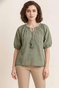 Women Olive Embroidered Tie-Up Neck Puff Sleeve Cotton Top