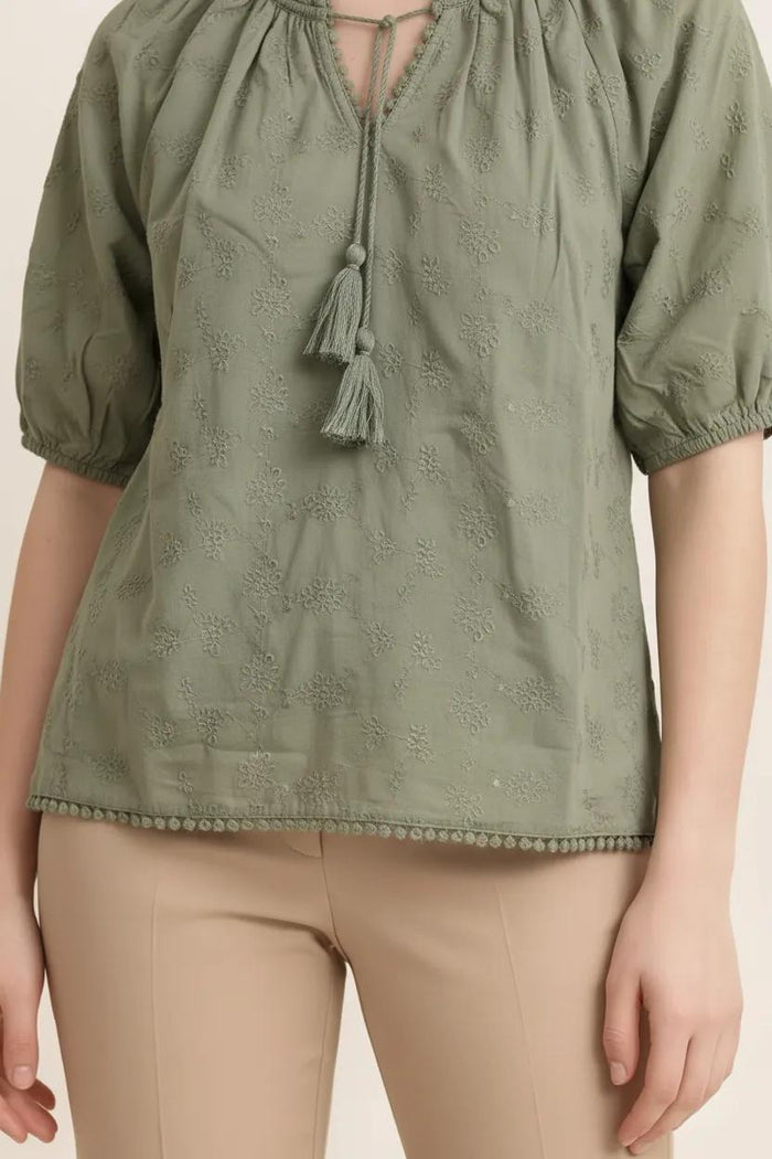 Women Olive Embroidered Tie-Up Neck Puff Sleeve Cotton Top