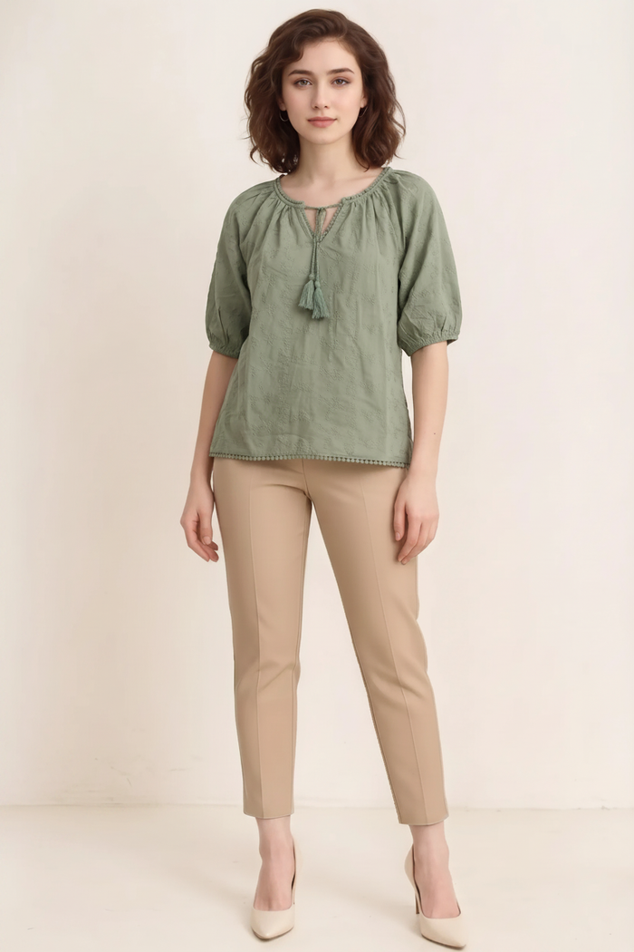Women Olive Embroidered Tie-Up Neck Puff Sleeve Cotton Top