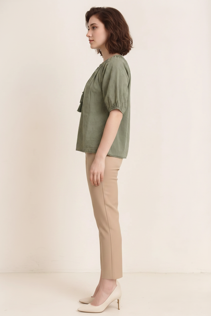 Women Olive Embroidered Tie-Up Neck Puff Sleeve Cotton Top