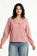 Women Pink Embroidered Peter Pan Collar Cotton Top