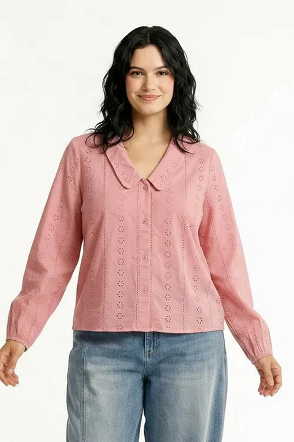 Women Pink Embroidered Peter Pan Collar Cotton Top
