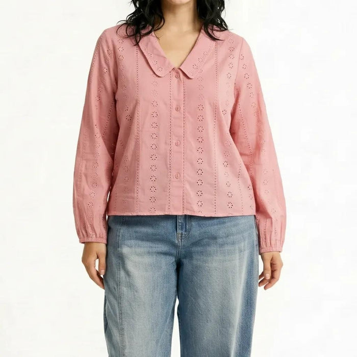 Women Pink Embroidered Peter Pan Collar Cotton Top