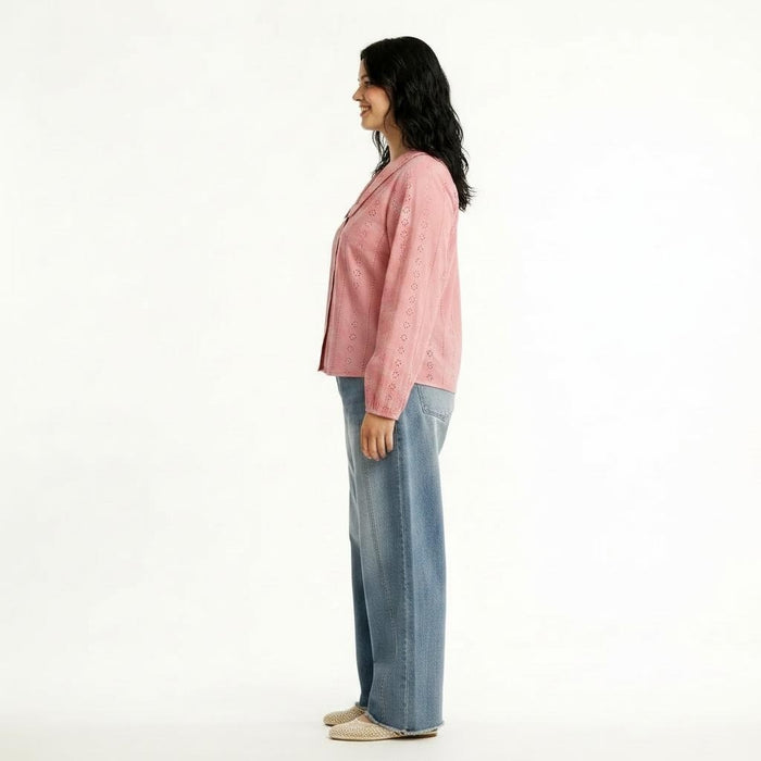 Women Pink Embroidered Peter Pan Collar Cotton Top