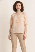 Women Pink Embroidered Tie-Up Neck Puff Sleeve Cotton Top