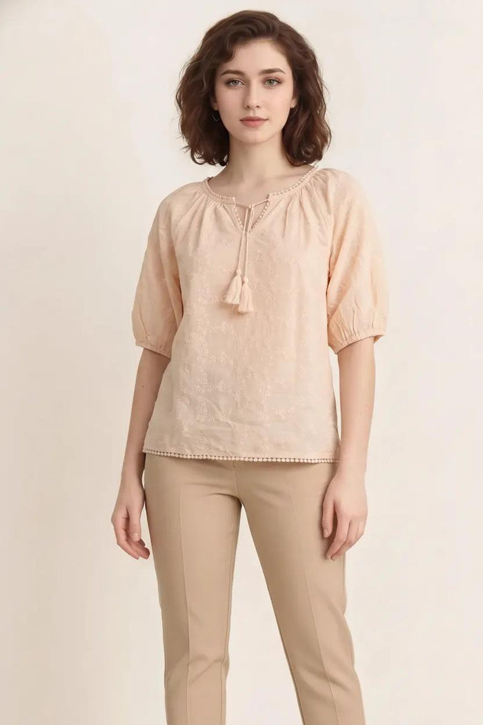 Women Pink Embroidered Tie-Up Neck Puff Sleeve Cotton Top