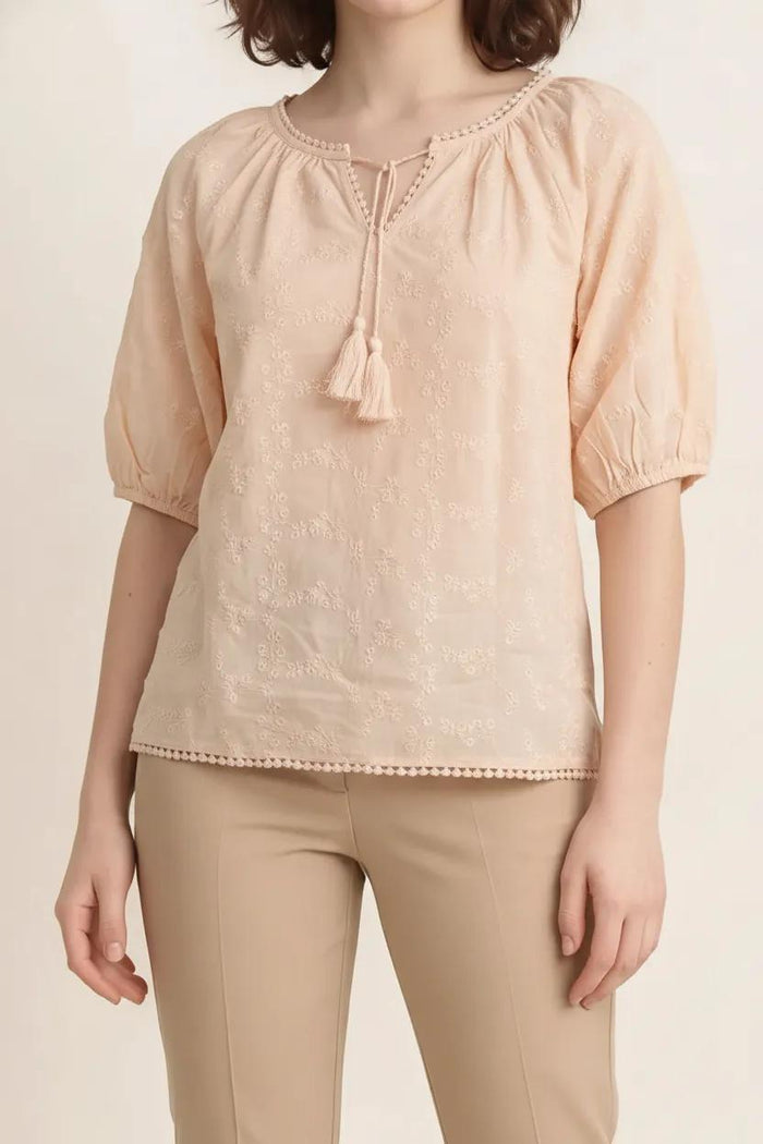 Women Pink Embroidered Tie-Up Neck Puff Sleeve Cotton Top