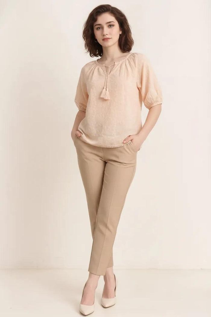 Women Pink Embroidered Tie-Up Neck Puff Sleeve Cotton Top