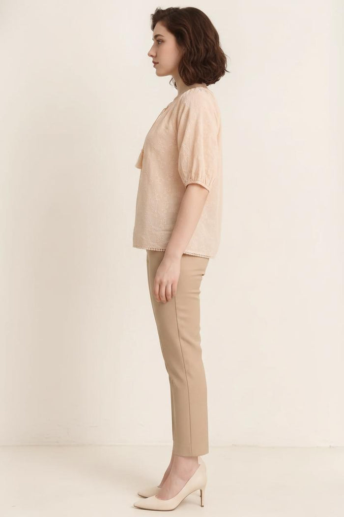 Women Pink Embroidered Tie-Up Neck Puff Sleeve Cotton Top