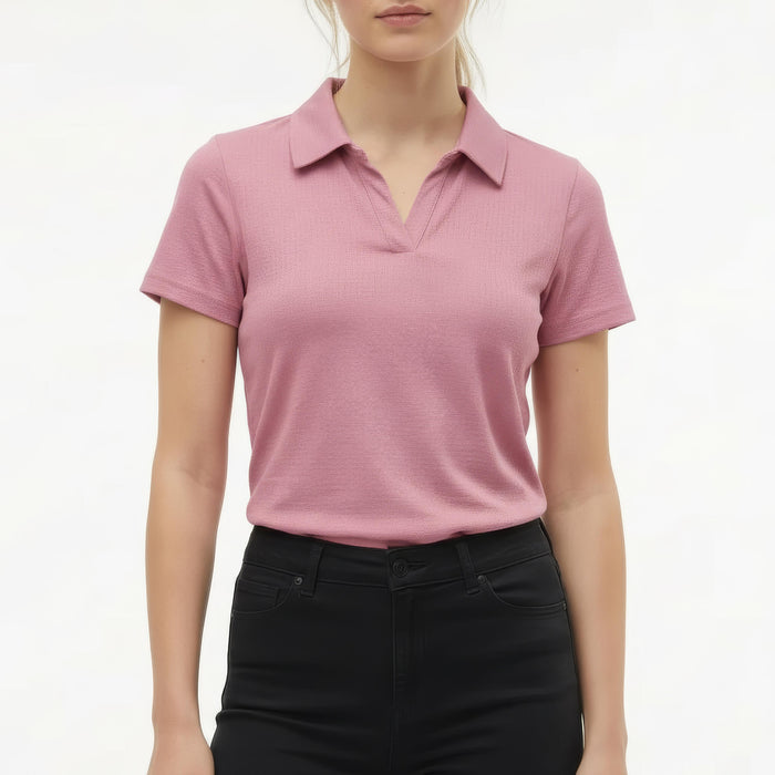 Women Rose Solid Polo Neck T-Shirt