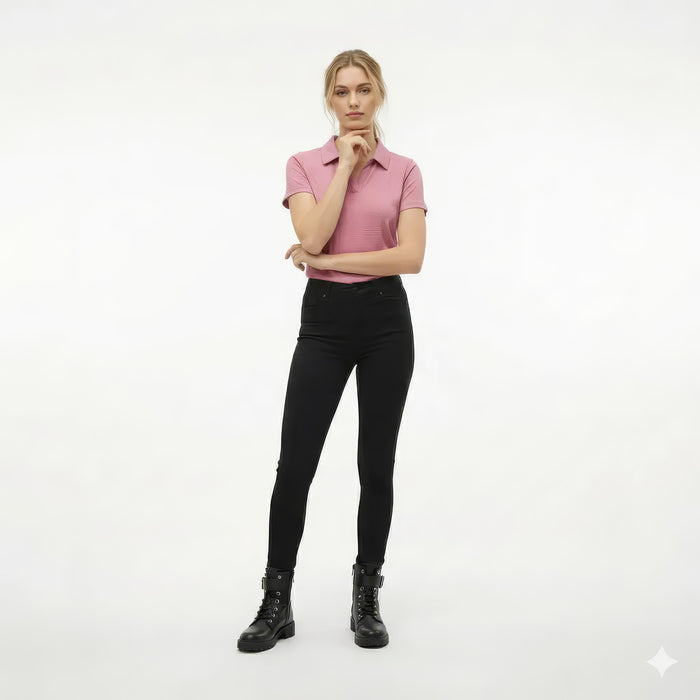 Women Rose Solid Polo Neck T-Shirt