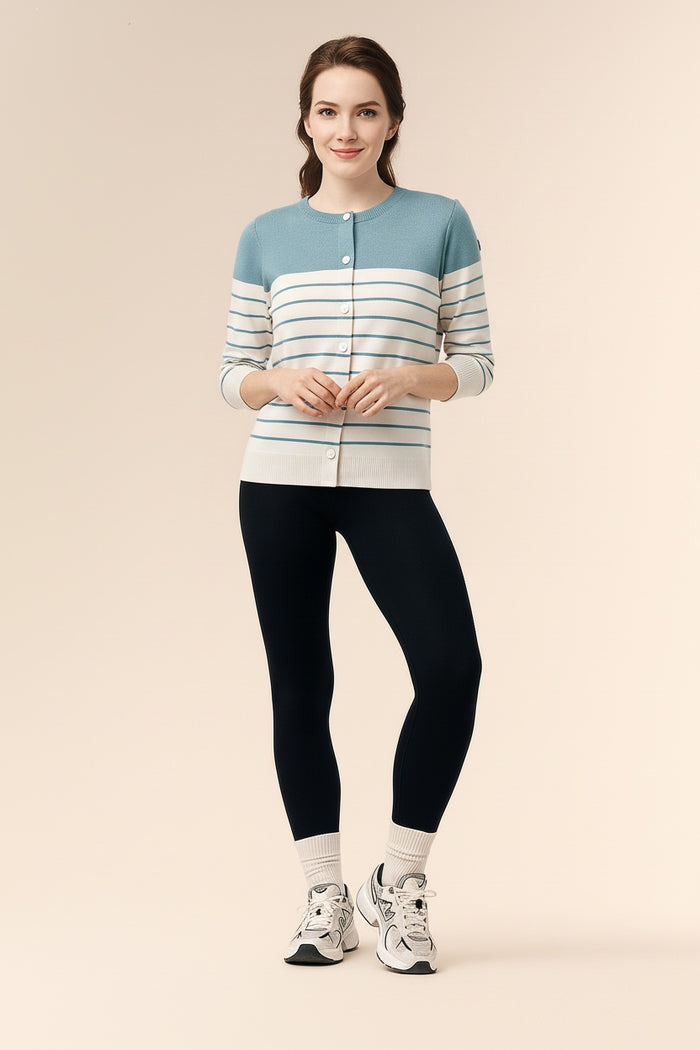 Women Striped Round Neck Cardigan Sweater