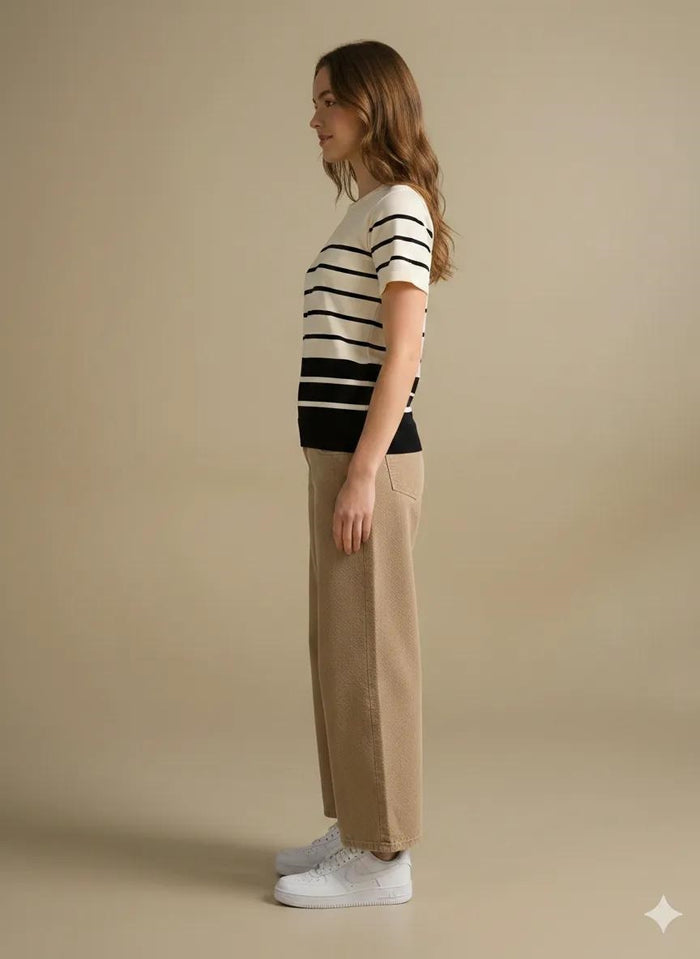 Women White-Black Striped T-shirt