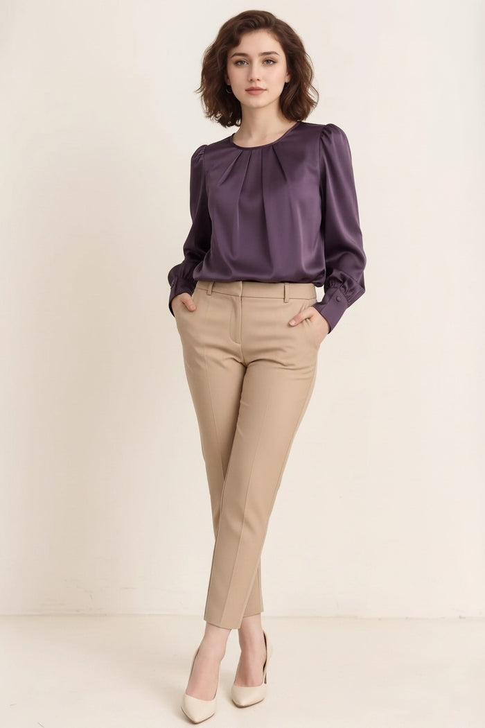Women Wine Puff Sleeve Cotton Top