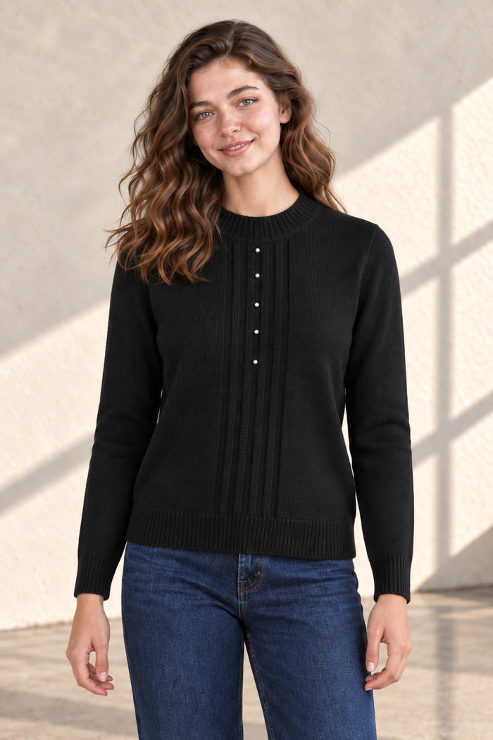 Women’s Black Knit Sweater – Regular Fit Full Sleeve Winter Pullover