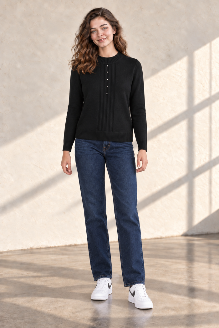 Women’s Black Knit Sweater – Regular Fit Full Sleeve Winter Pullover