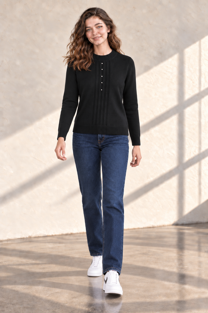 Women’s Black Knit Sweater – Regular Fit Full Sleeve Winter Pullover