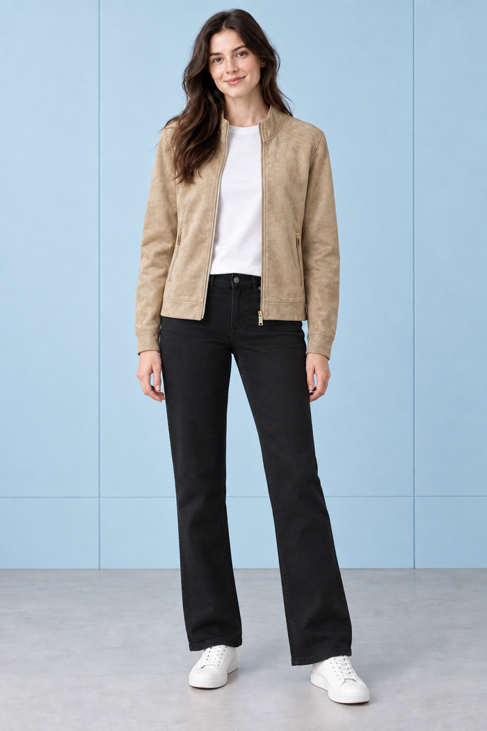 Women’s Camel Knitted Suede Full-Zip Sweatshirt – Regular Fit
