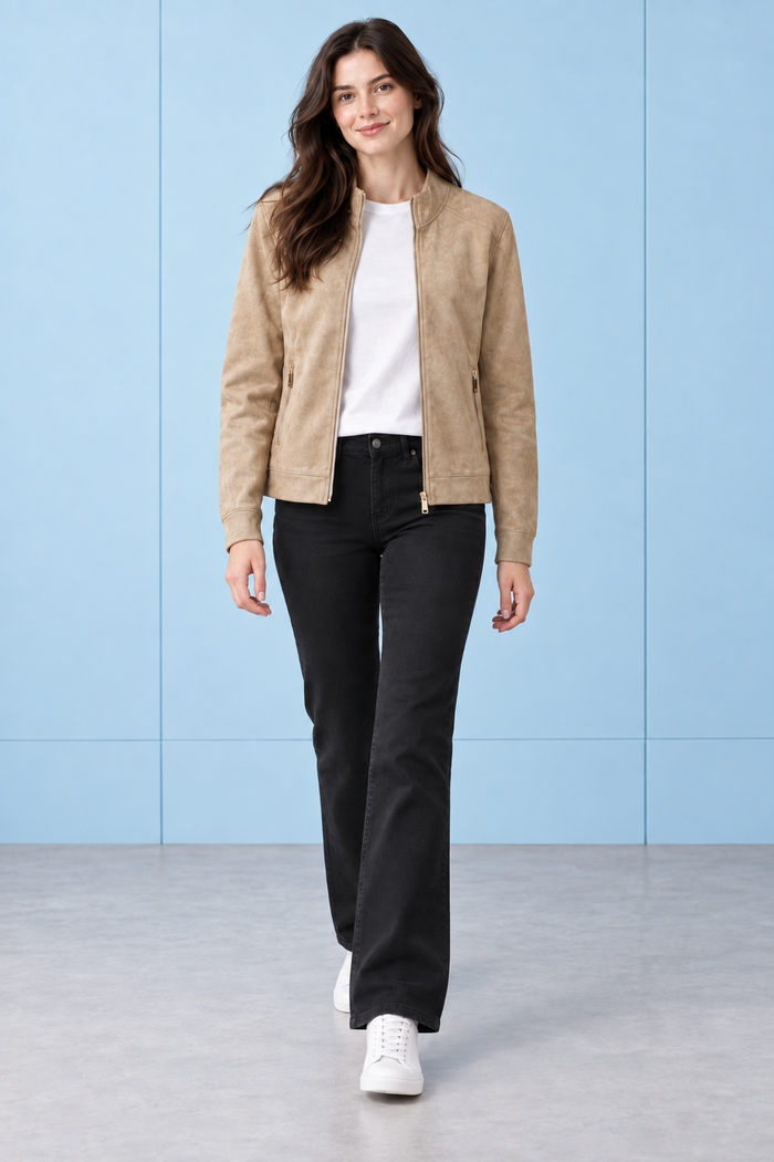 Women’s Camel Knitted Suede Full-Zip Sweatshirt – Regular Fit