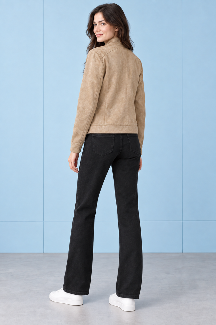 Women’s Camel Knitted Suede Full-Zip Sweatshirt – Regular Fit