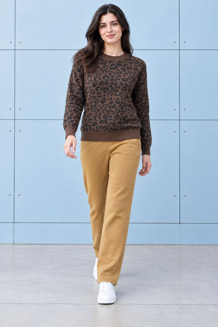Women’s Coffee Knitted Wool Animal Print Sweater – Regular Fit Crew Neck