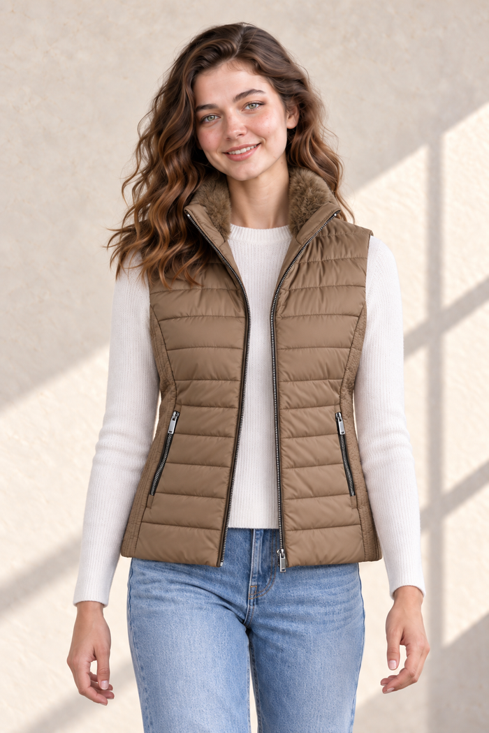 Women’s Fawn Nylon Puffer Gilet with Fur Collar – Regular Fit Sleeveless Winter Jacket
