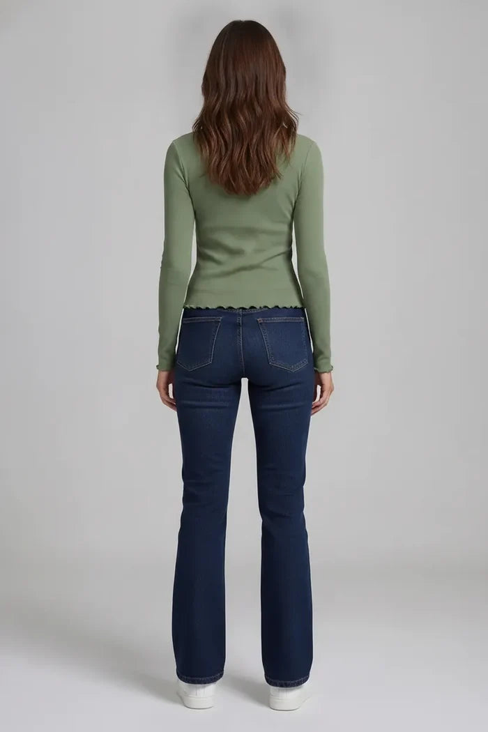 Women’s Green Rib-Knit Viscose Round-Neck Full-Sleeve Winter Top
