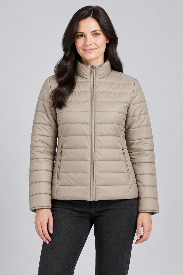 Women’s Lightweight Reversible Nylon Puffer Jacket – Champagne Beige Regular Fit