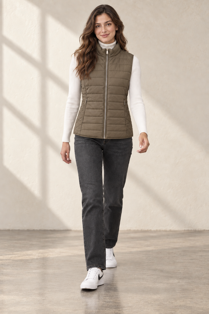 Women’s Lightweight Reversible Woven Puffer Gilet – Mud Dark Beige Regular Fit