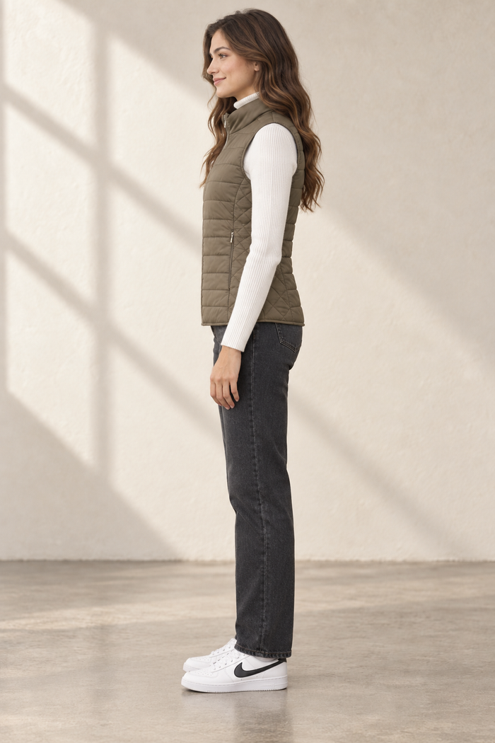 Women’s Lightweight Reversible Woven Puffer Gilet – Mud Dark Beige Regular Fit