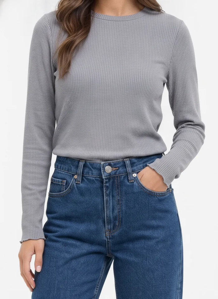 Women’s Lilac Ribbed Blended Cotton Crew Neck Full Sleeve Winter Top