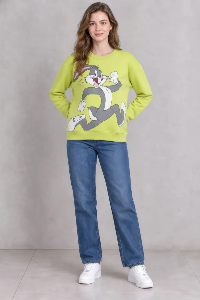 Women’s Lime Green Knitted Cotton Fleece Looney Tunes Graphic Sweatshirt – Regular Fit