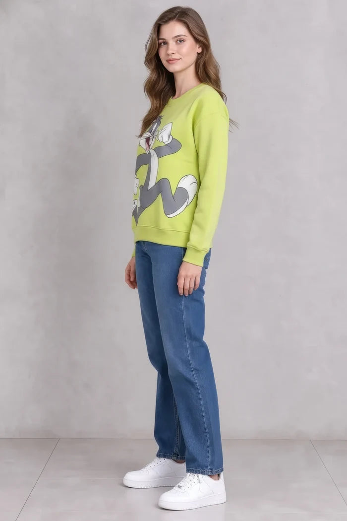 Women’s Lime Green Knitted Cotton Fleece Looney Tunes Graphic Sweatshirt – Regular Fit