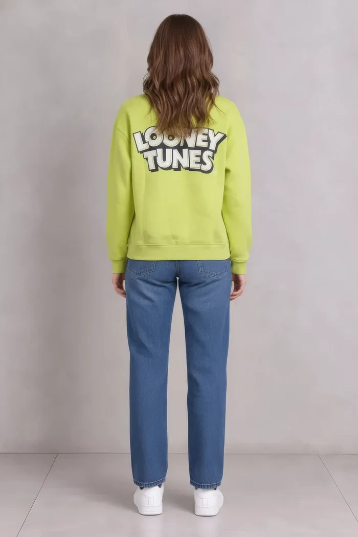 Women’s Lime Green Knitted Cotton Fleece Looney Tunes Graphic Sweatshirt – Regular Fit