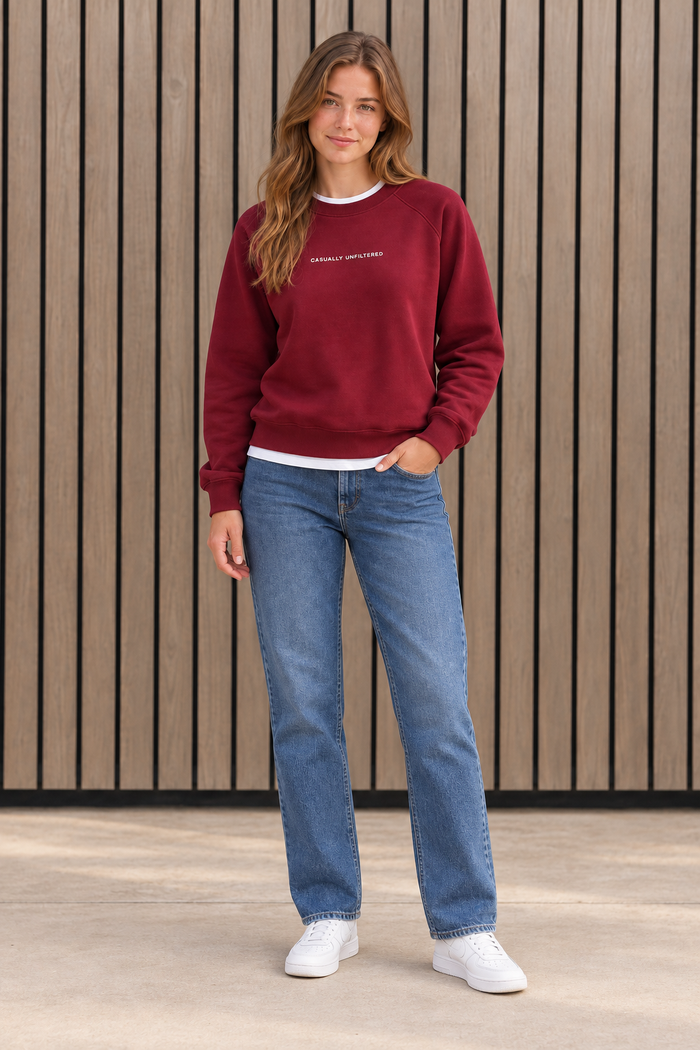 Women’s Merlot Cotton Brushed Fleece Sweatshirt | Core Regular Fit Crew Neck