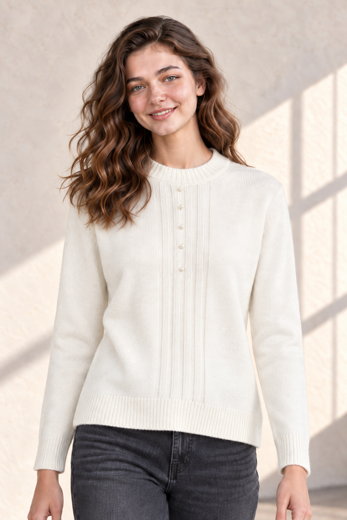 Women’s Off White Knit Sweater – Regular Fit Full Sleeve Winter Pullover