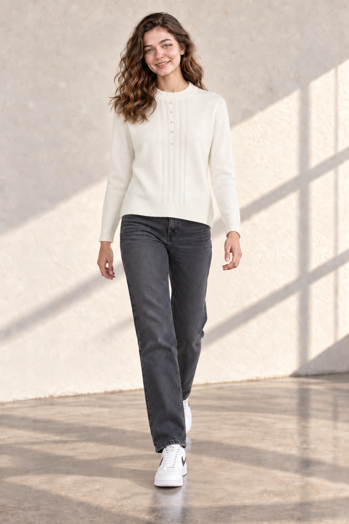 Women’s Off White Knit Sweater – Regular Fit Full Sleeve Winter Pullover